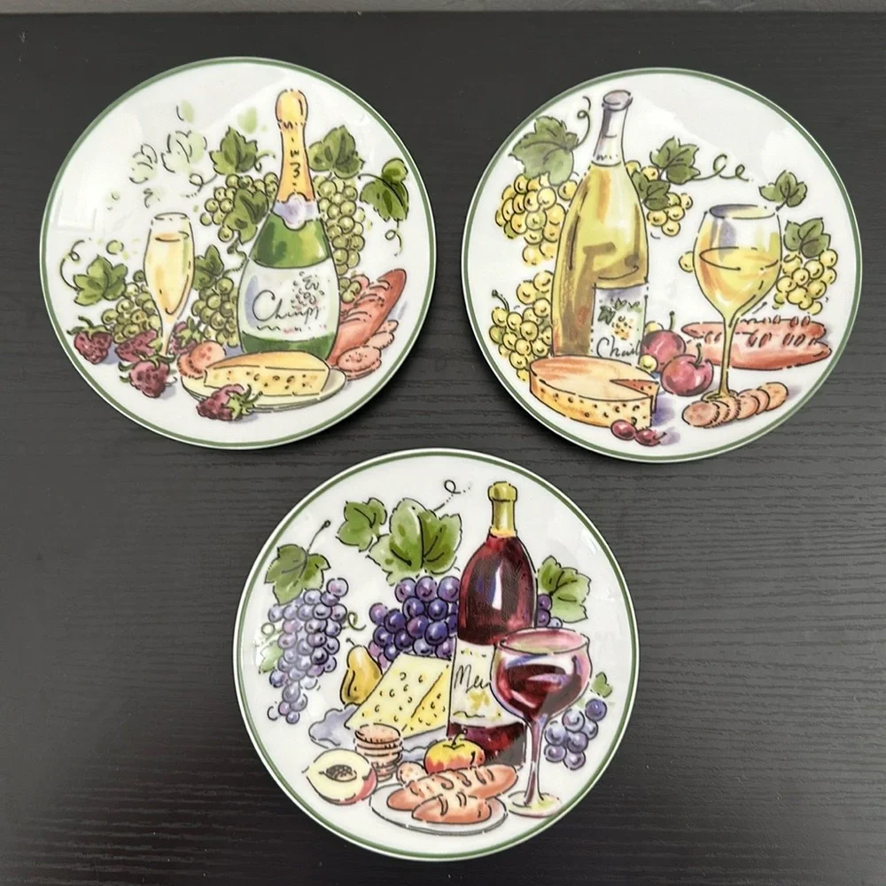 3 Porcelain Vintage Appetizer Wine Plates